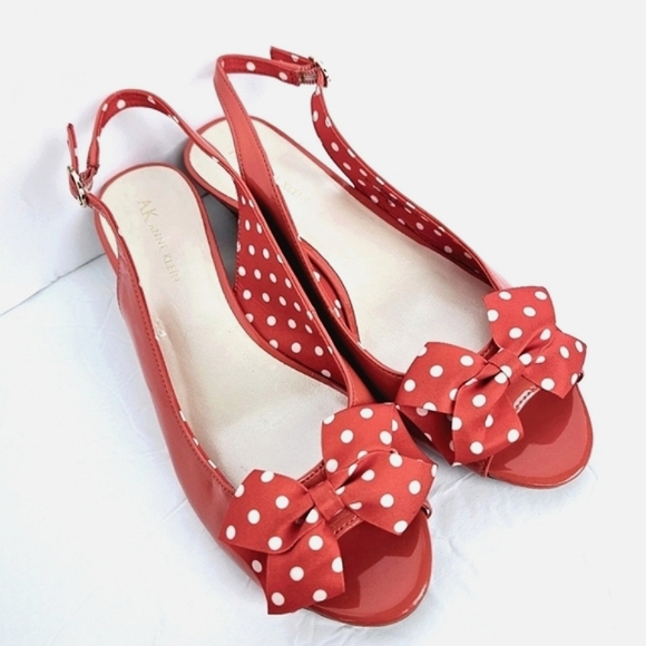 Anne Klein Wwns Beverley Red Patent Leather White Polka Dot Bow Wedge Sandals 8 - Picture 3 of 12